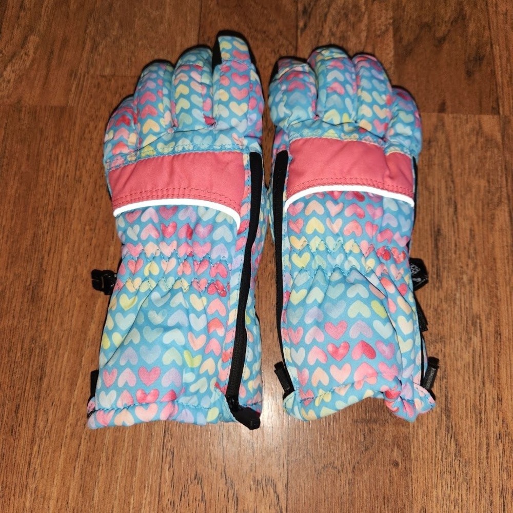 Andy & Evan Kid Heart Print Insulated Winter Ski Gloves Blue Pink Reflective 730